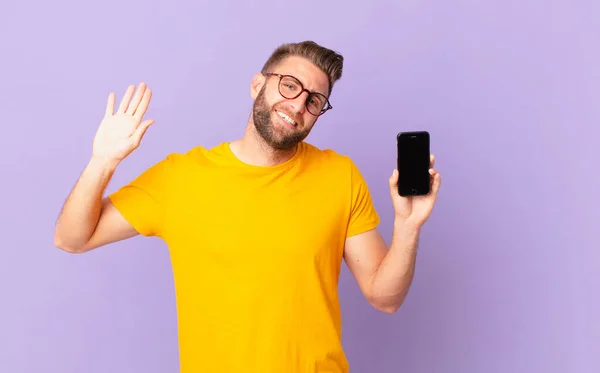 Young Handsome Man Smiling Happily Waving Hand Welcoming Greeting You — Φωτογραφία Αρχείου