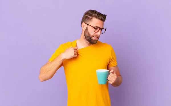 Young Handsome Man Feeling Stressed Anxious Tired Frustrated Holding Coffee — Φωτογραφία Αρχείου