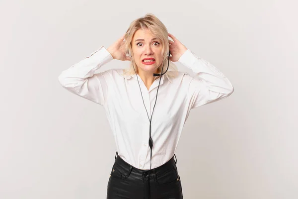 Young Pretty Woman Feeling Stressed Anxious Scared Hands Head Telemarketing — Foto Stock