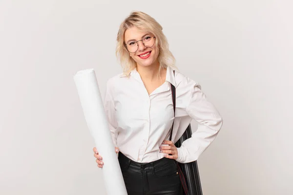 Young Pretty Woman Smiling Happily Hand Hip Confident Architect Concept — Stockfoto