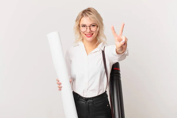 Young Pretty Woman Smiling Looking Happy Gesturing Victory Peace Architect — Stockfoto