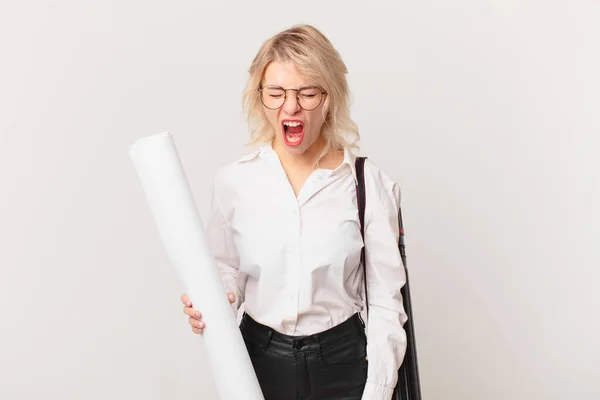 Young Pretty Woman Shouting Aggressively Looking Very Angry Architect Concept — Stockfoto