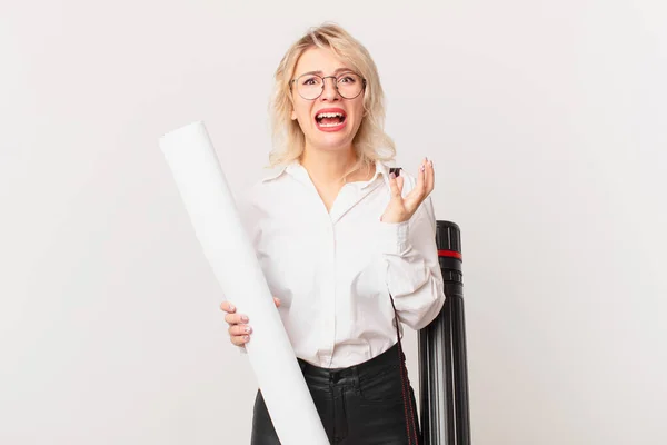 Young Pretty Woman Looking Desperate Frustrated Stressed Architect Concept — Stockfoto