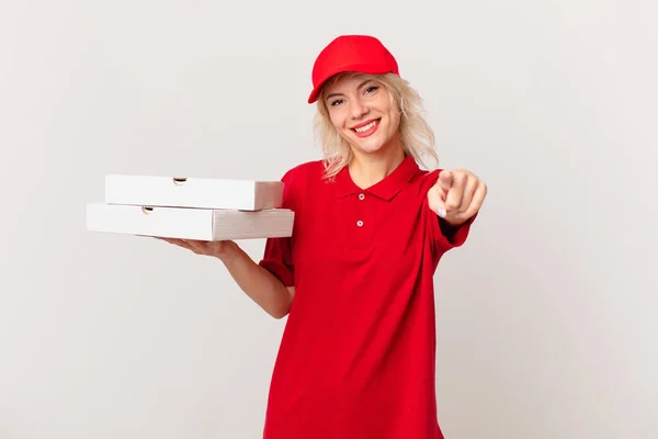 Young Pretty Woman Pointing Camera Choosing You Pizza Delivering Concept — Stok fotoğraf