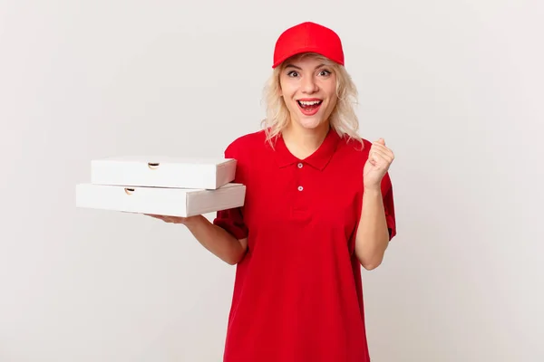 Young Pretty Woman Feeling Shocked Laughing Celebrating Success Pizza Delivering — Stok fotoğraf