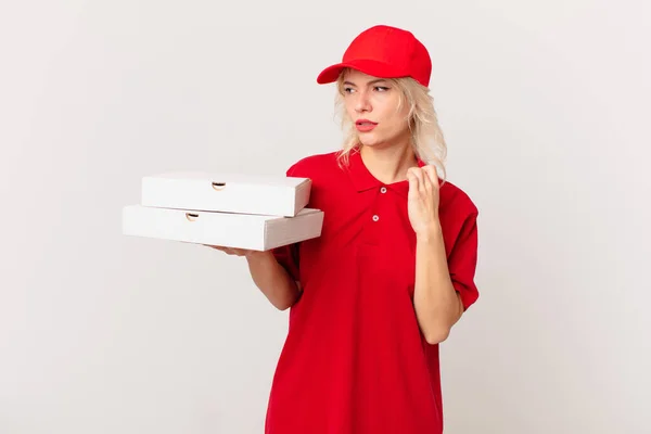 Young Pretty Woman Feeling Stressed Anxious Tired Frustrated Pizza Delivering — Stok fotoğraf
