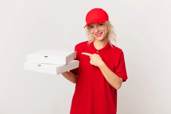 Young Pretty Woman Smiling Cheerfully Feeling Happy Pointing Side Pizza — Stock Photo, Image