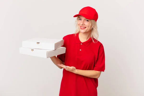 Young Pretty Woman Smiling Cheerfully Feeling Happy Showing Concept Pizza — Stok fotoğraf