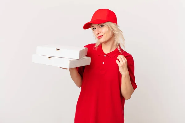 Young Pretty Woman Looking Arrogant Successful Positive Proud Pizza Delivering — Stok fotoğraf