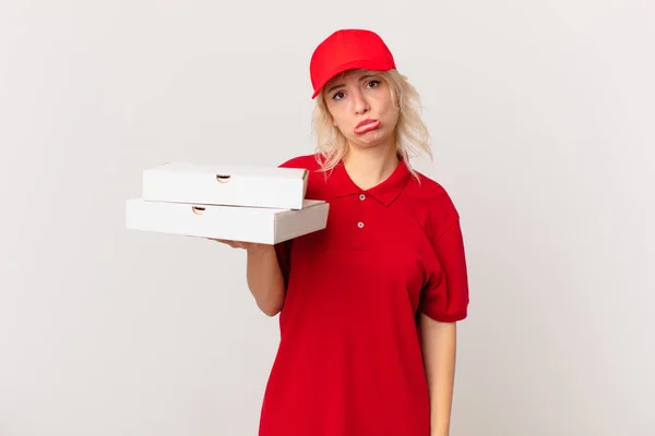 Young Pretty Woman Feeling Sad Whiney Unhappy Look Crying Pizza — Stok fotoğraf