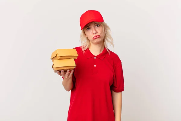 Young Pretty Woman Feeling Sad Whiney Unhappy Look Crying Burger — Stok fotoğraf
