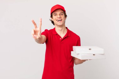 pizza deliver man smiling and looking happy, gesturing victory or peace