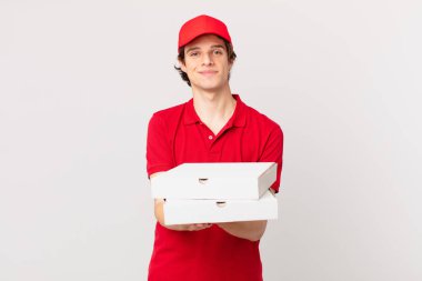 pizza deliver man smiling happily with friendly and  offering and showing a concept