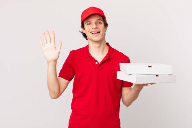 pizza deliver man smiling happily, waving hand, welcoming and greeting you
