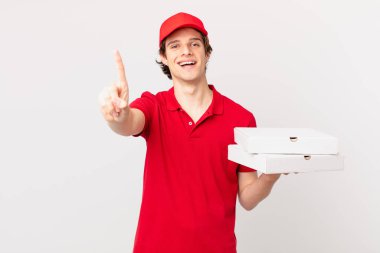 pizza deliver man smiling and looking friendly, showing number one