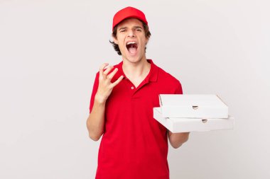 pizza deliver man looking desperate, frustrated and stressed