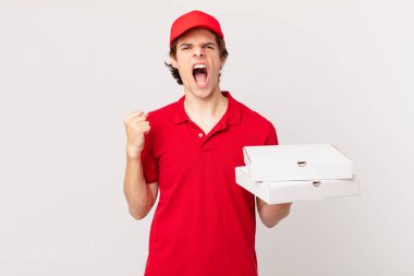 pizza deliver man shouting aggressively with an angry expression