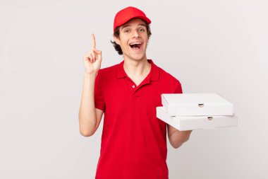 pizza deliver man feeling like a happy and excited genius after realizing an idea