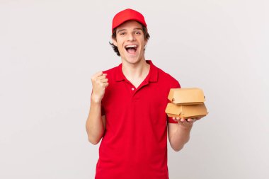 burger deliver man feeling shocked,laughing and celebrating success