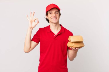 burger deliver man feeling happy, showing approval with okay gesture