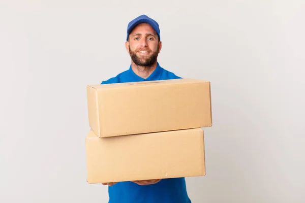 Young Handsome Man Smiling Happily Friendly Offering Showing Concept Package — Stock Photo, Image