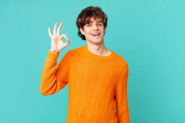 Young Handsome Man Feeling Happy Showing Approval Okay Gesture — Stock Photo, Image