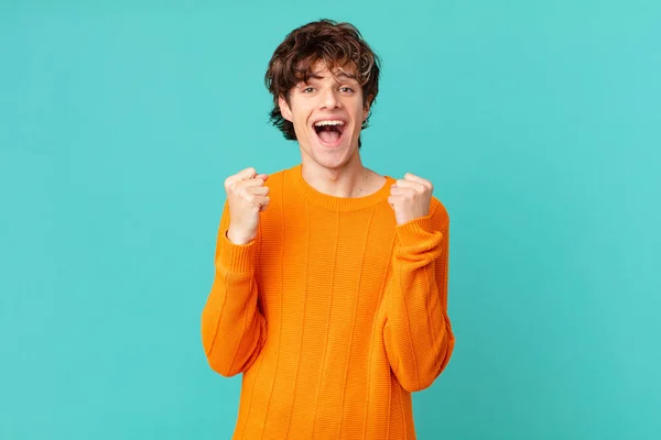 Young Handsome Man Feeling Shocked Laughing Celebrating Success — Stock Photo, Image