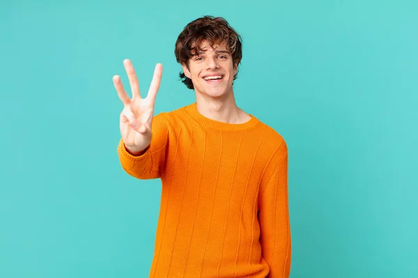 Young Handsome Man Smiling Looking Friendly Showing Number Three — Stock Photo, Image