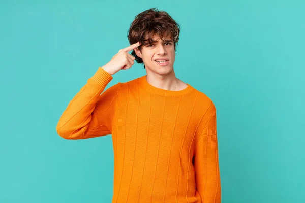 Young Handsome Man Feeling Confused Puzzled Showing You Insane — Stock Photo, Image