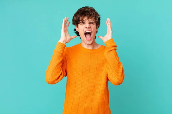 Young Handsome Man Screaming Hands Air — Stock Photo, Image