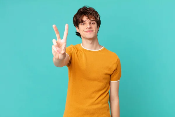 Young Handsome Man Smiling Looking Friendly Showing Number Two — Stock Photo, Image