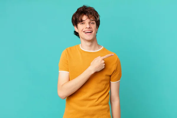 Young Handsome Man Smiling Cheerfully Feeling Happy Pointing Side — Stock Photo, Image