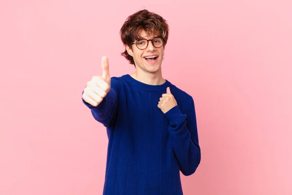 Young Handsome Man Feeling Proud Smiling Positively Thumbs — Stock Photo, Image