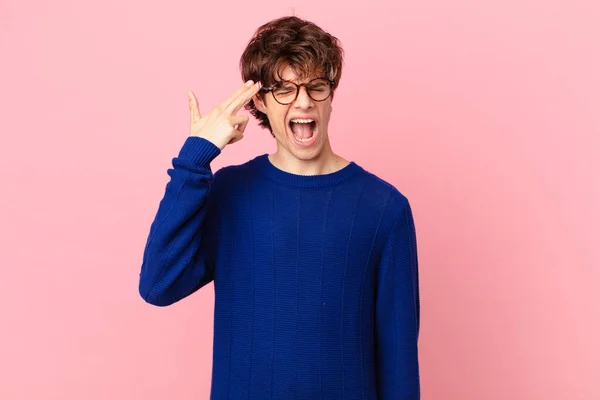 Young Handsome Man Looking Unhappy Stressed Suicide Gesture Making Gun — Stock Photo, Image