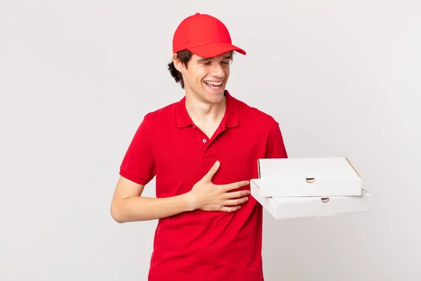 Pizza Entregar Hombre Riendo Voz Alta Algún Chiste Hilarante — Foto de Stock