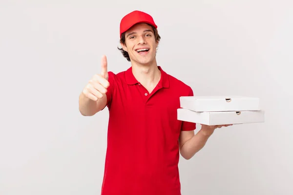 Pizza Deliver Man Feeling Proud Smiling Positively Thumbs — Zdjęcie stockowe