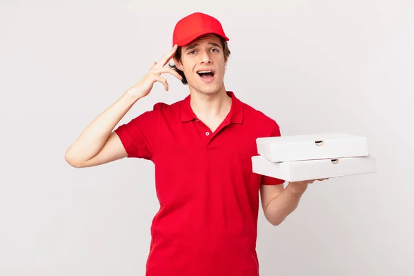 Pizza Deliver Man Looking Happy Astonished Surprised — Fotografia de Stock