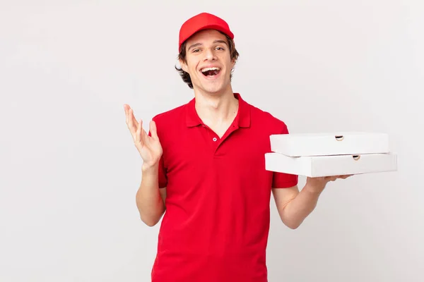 Pizza Deliver Man Feeling Happy Astonished Something Unbelievable — Zdjęcie stockowe