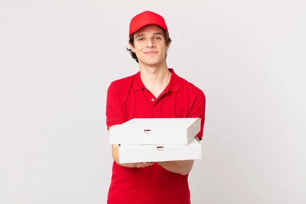 Pizza Deliver Man Smiling Happily Friendly Offering Showing Concept — Fotografia de Stock