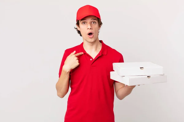 Pizza Deliver Man Feeling Happy Pointing Self Excited — Stockfoto