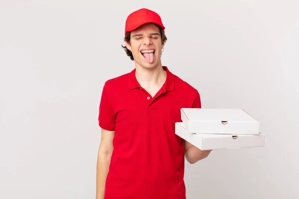 Pizza Deliver Man Cheerful Rebellious Attitude Joking Sticking Tongue Out — Stockfoto