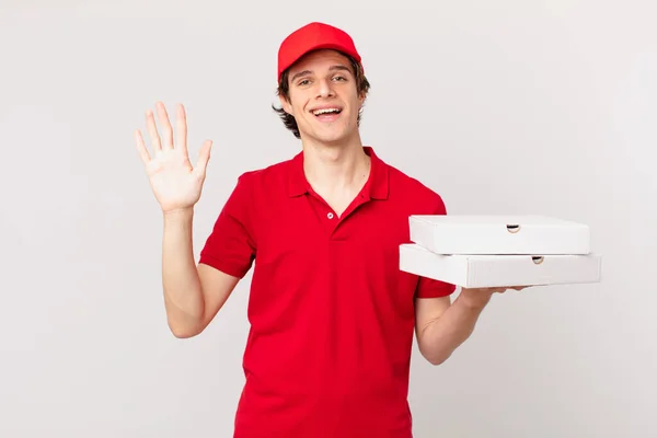 Pizza Deliver Man Smiling Happily Waving Hand Welcoming Greeting You — Fotografia de Stock