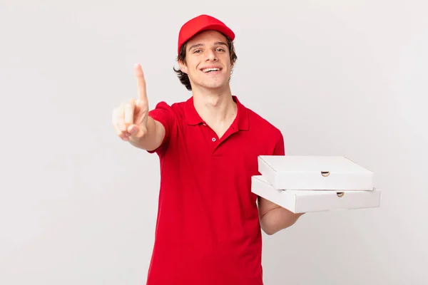 Pizza Deliver Man Smiling Proudly Confidently Making Number One — Fotografia de Stock