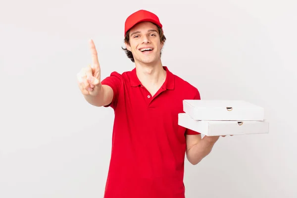 Pizza Deliver Man Smiling Looking Friendly Showing Number One — Stockfoto