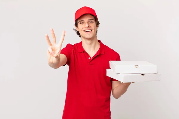Pizza Deliver Man Smiling Looking Friendly Showing Number Three — Stockfoto