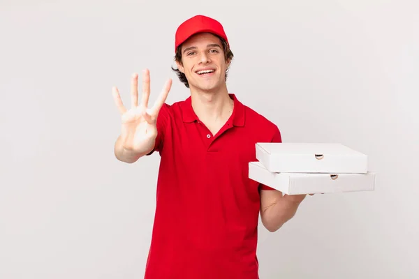 Pizza Deliver Man Smiling Looking Friendly Showing Number Four — Stock Photo, Image