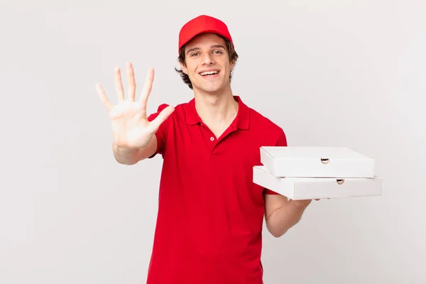 Pizza Deliver Man Smiling Looking Friendly Showing Number Five — Stock Photo, Image