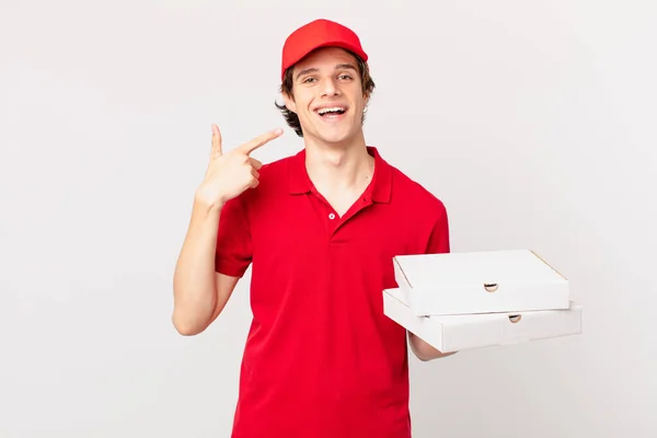 Pizza Deliver Man Smiling Confidently Pointing Own Broad Smile — Stock Photo, Image