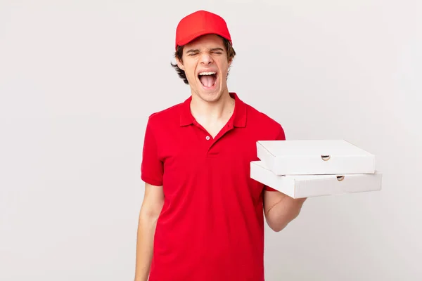 Pizza Deliver Man Shouting Aggressively Looking Very Angry — Stockfoto
