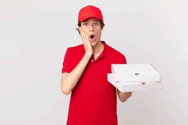 Pizza Deliver Man Feeling Shocked Scared — Stockfoto